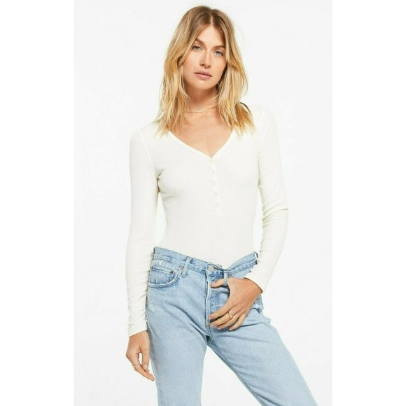 Z Supply Tops - Z Supply Ivory Bone Blaine Rib Henley Long Sleeve Top